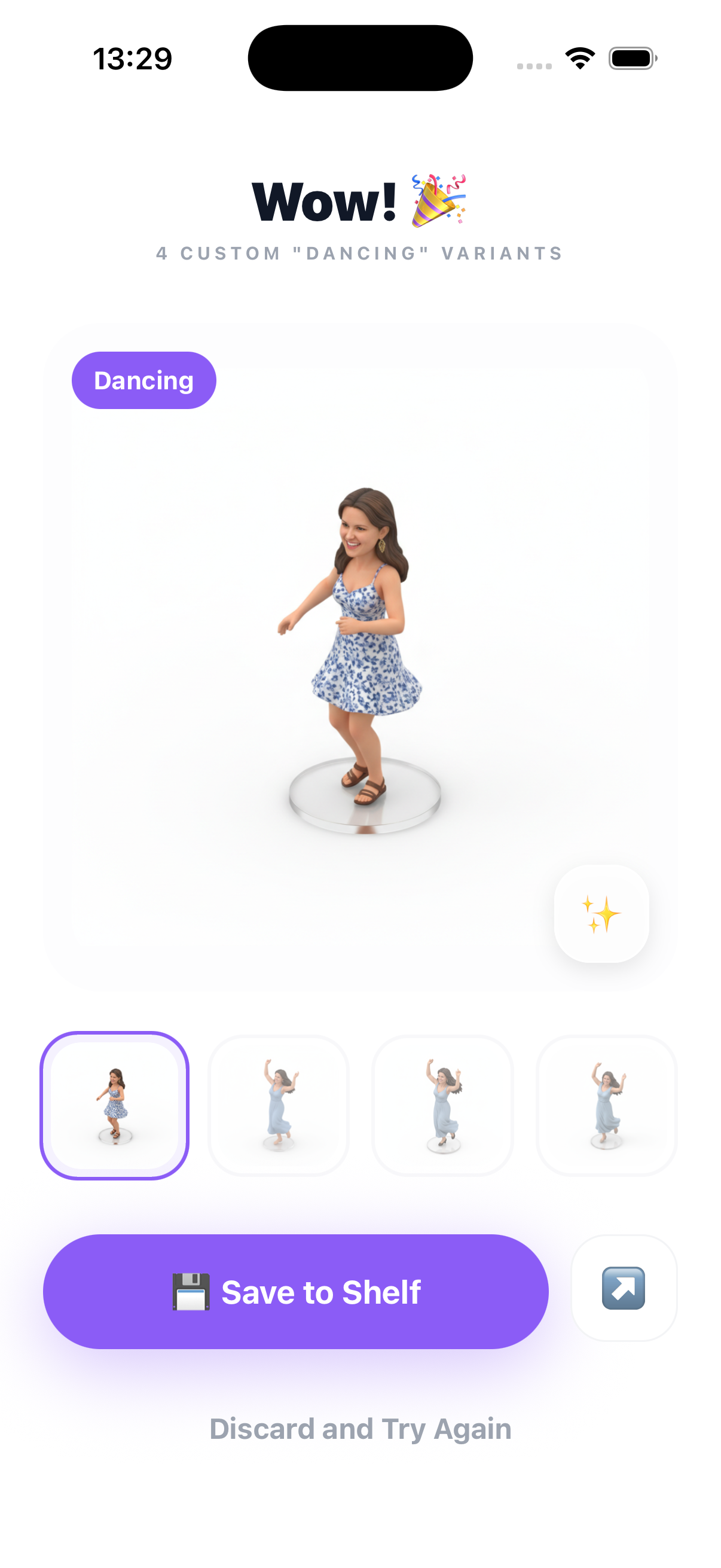 3D figurine results showing 4 custom dancing variants