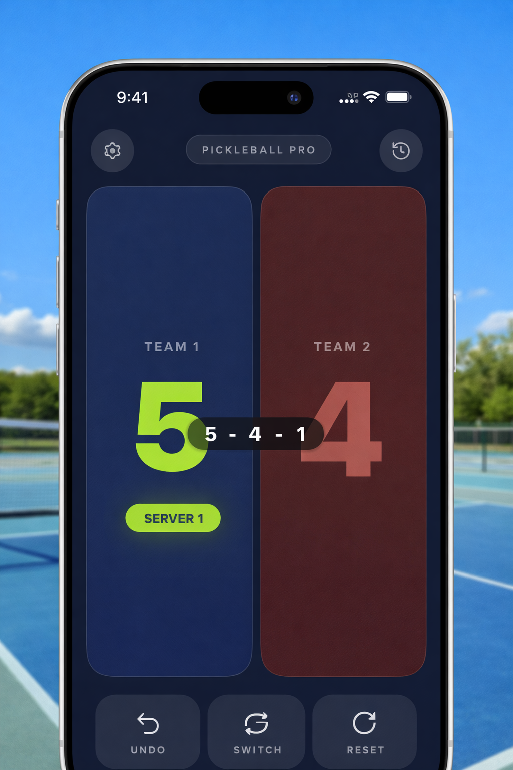 Mobile pickleball scoreboard app with large numbers on screen