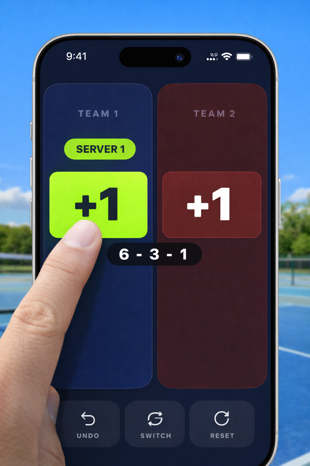 Close-up of app interface with big tap buttons and server indicator badge