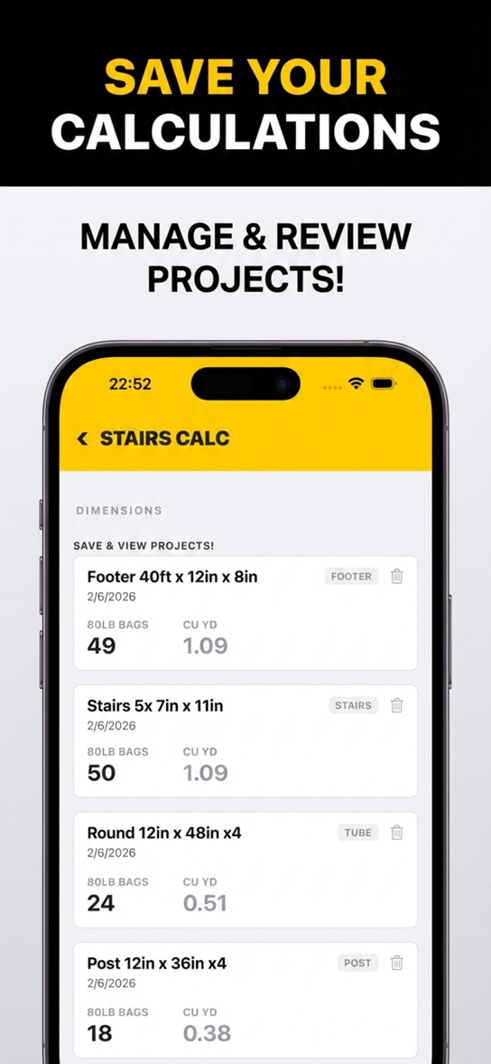 Saved projects list showing multiple calculations