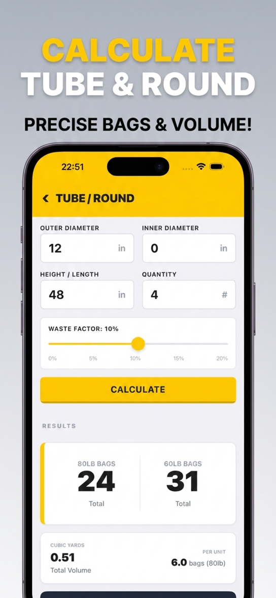 Tube and round calculator showing precise bag counts